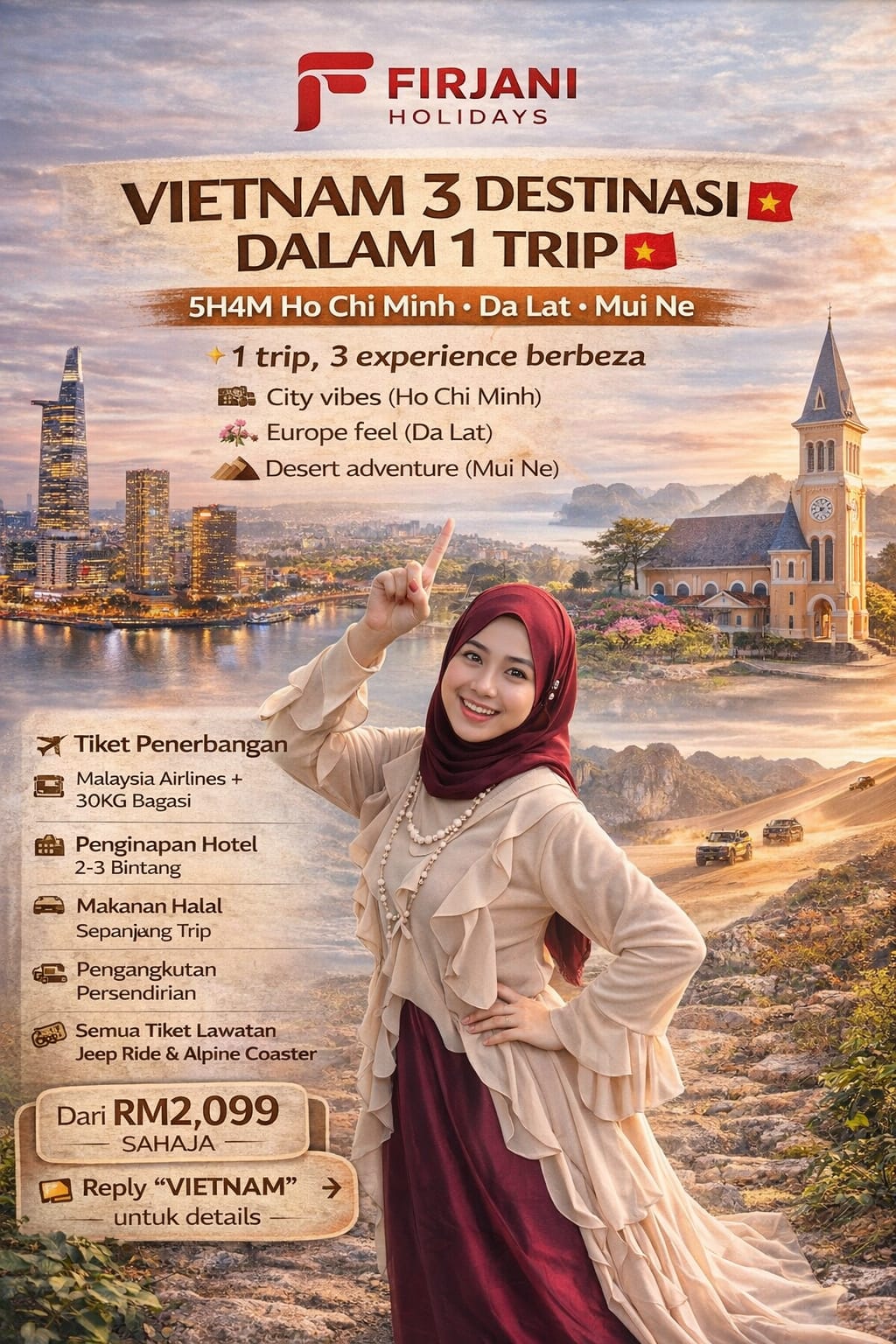 Poster pakej Vietnam 3 Destinasi Dalam 1 Trip — Ho Chi Minh, Da Lat, Mui Ne